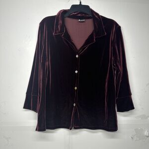 Women’s Boston Proper Blouse Large Burgundy Velvet Button Up Vintage Style